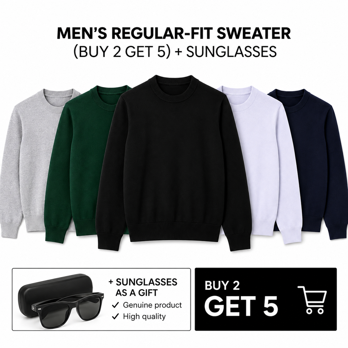 PULL HOMME COUPE CLASSIQUE (2 ACHETÉS, 5 REÇUS) + LUNETTES DE SOLEIL